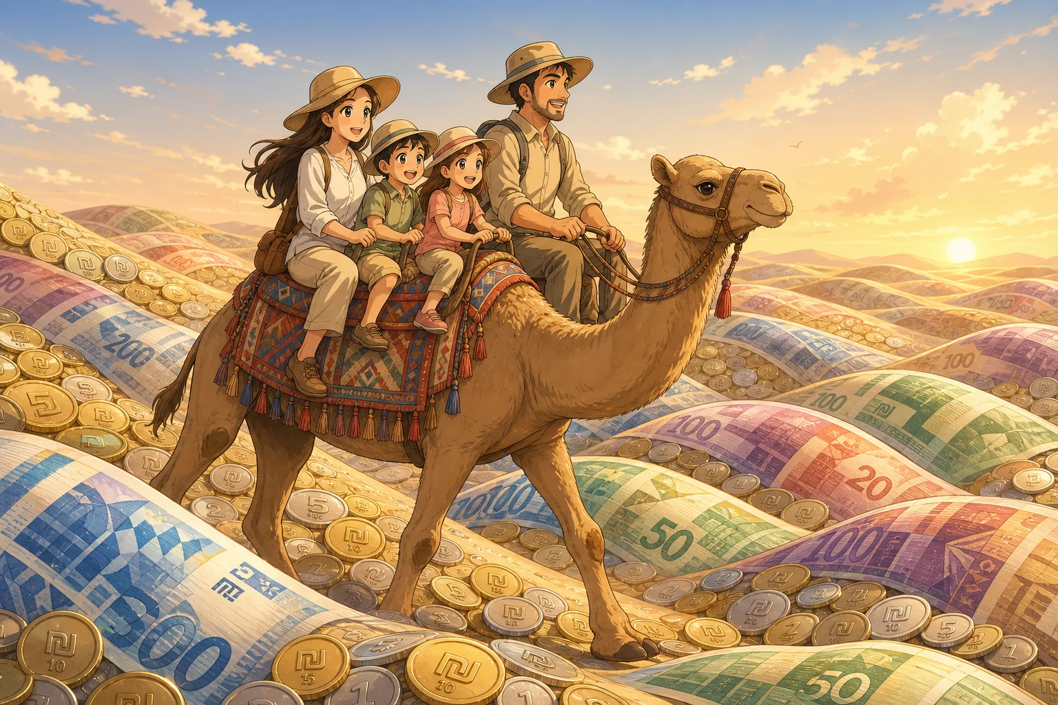 משפחה עם שני ילדים רוכבת על גמל בין דיונות של כסף ישראלי